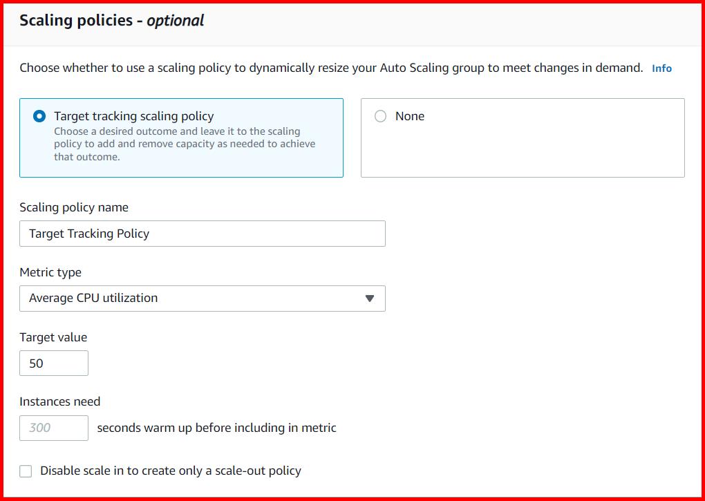 Picture showing select the metric as Average CPU utilization for Target tracking of autoscaling group